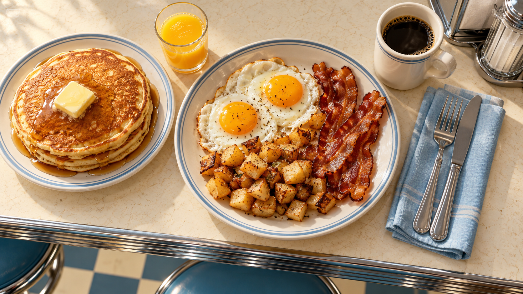 Illustration of a diner breakfast spread: pancakes, eggs, bacon, home fries, orange juice and coffee
