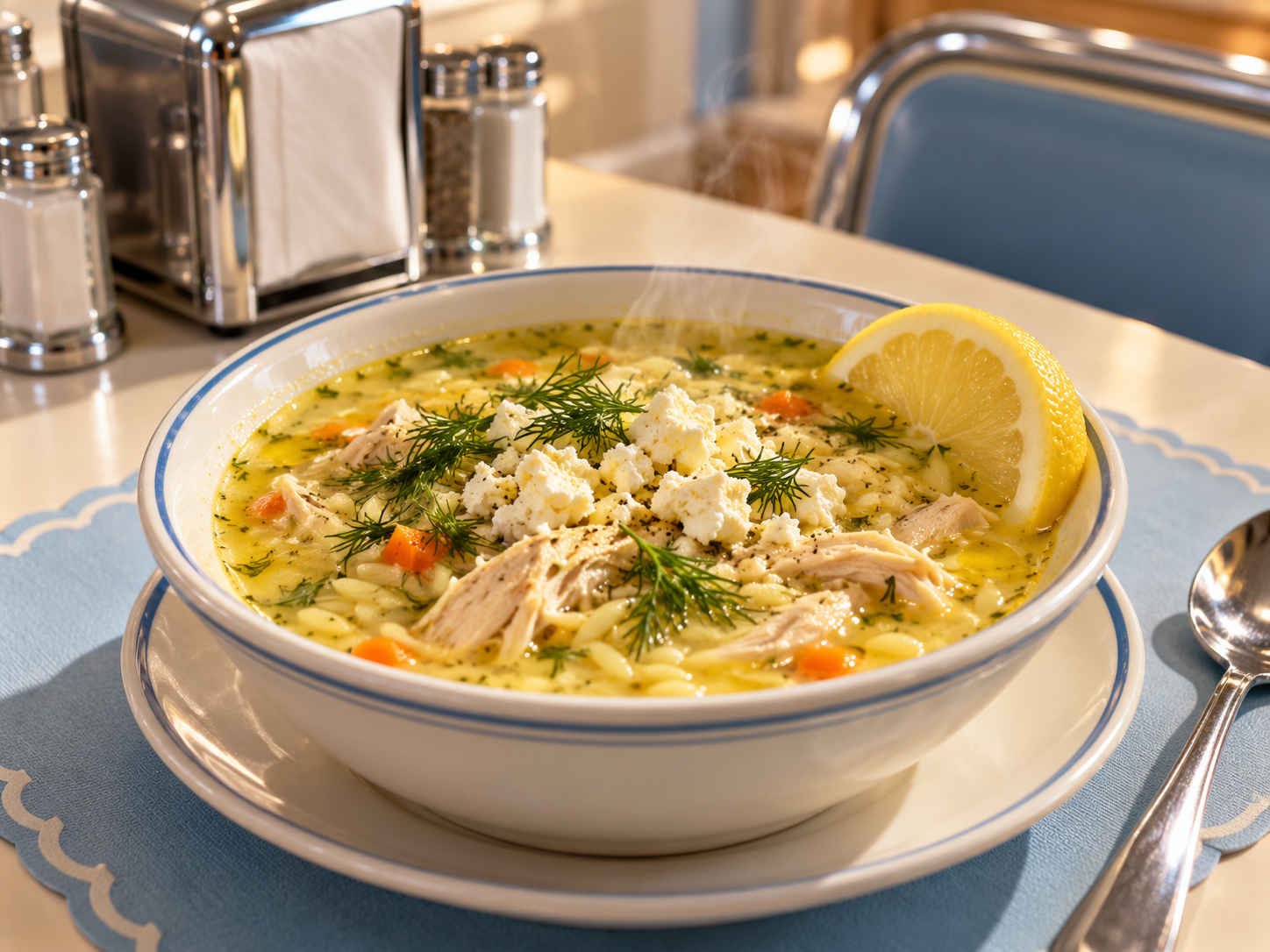 Illustration of a steaming bowl of Greek lemon soup with feta and dill